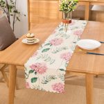 - Runner-8928 - Realhomes Beyaz Zeminli Yeşil Yapraklı Ortanca Çiçek Dijital Baskılı Modern Runner Realhomes