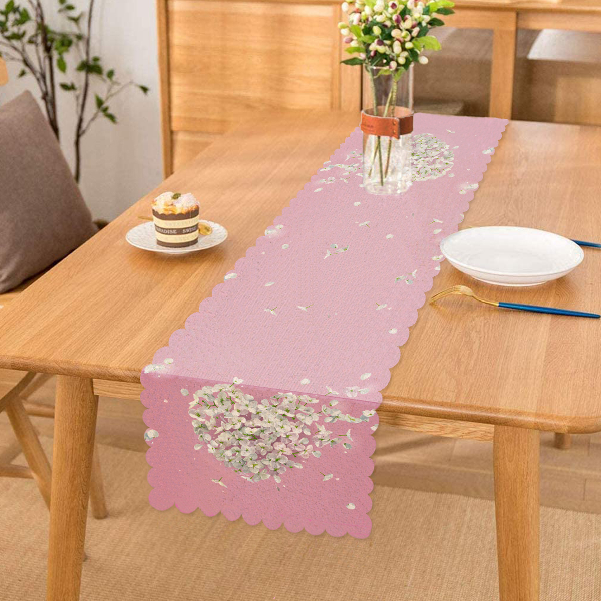 - Runner-8929 - Realhomes Rengarenk Zeminli Kalp Desenli Ortanca Çiçek Dijital Baskılı Modern Runner Realhomes