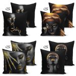 - Suet-K4luset265-1 - Realhomes 4'lü Çift Taraflı Realhomes Siyah Zeminli Afrika Bayan Temalı Süet Yastık Kırlent Kılıf Seti Realhomes