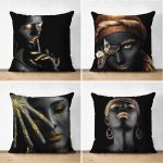- Suet-K4luset265 - Realhomes 4'lü Çift Taraflı Realhomes Siyah Zeminli Afrika Bayan Temalı Süet Yastık Kırlent Kılıf Seti Realhomes