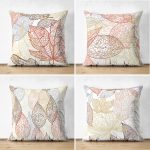 4'lü Çift Taraflı Renkli Zemin Üzerinde Yaprak Desenli Modern Süet Yastık Kırlent Kılıf Seti Realhomes