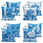 - Suet-K4luset358-1 - Realhomes 4'lü Çift Taraflı Renkli Zemin Üzerinde Gemici Desenli Modern Süet Yastık Kırlent Kılıf Seti Realhomes