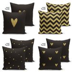 - Suet-K4luset359-1 - Realhomes  4'lü Çift Taraflı Siyah Zemin Üzerinde Gold Detaylı Geometrik Desenli Modern Süet Yastık Kırlent Kılıf Seti Realhomes