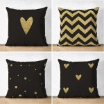 - Suet-K4luset359 - Realhomes  4'lü Çift Taraflı Siyah Zemin Üzerinde Gold Detaylı Geometrik Desenli Modern Süet Yastık Kırlent Kılıf Seti Realhomes