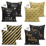 - Suet-K4luset360-1 - Realhomes  4'lü Çift Taraflı Siyah Zemin Üzerinde Gold Detaylı  Modern Süet Yastık Kırlent Kılıf Seti Realhomes