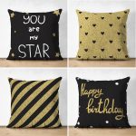 - Suet-K4luset360 - Realhomes  4'lü Çift Taraflı Siyah Zemin Üzerinde Gold Detaylı  Modern Süet Yastık Kırlent Kılıf Seti Realhomes