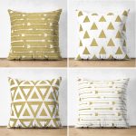 - Suet-K4luset361 - Realhomes  4'lü Çift Taraflı Renkli Zemin Üzerinde Gold Detaylı Geometrik Desenli Modern Süet Yastık Kırlent Kılıf Seti Realhomes