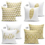 - Suet-K4luset362-1 - Realhomes 4'lü Çift Taraflı Renkli Zemin Üzerinde Gold Detaylı Geometrik Desenli Modern Süet Yastık Kırlent Kılıf Seti Realhomes