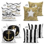4'lü Çift Taraflı Beyaz Zemin Üzerinde Gold Detaylı  Modern Süet Yastık Kırlent Kılıf Seti Realhomes