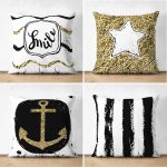 4'lü Çift Taraflı Beyaz Zemin Üzerinde Gold Detaylı  Modern Süet Yastık Kırlent Kılıf Seti Realhomes