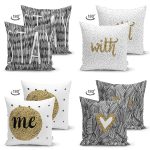 - Suet-K4luset364-1 - Realhomes 4'lü Çift Taraflı Renkli Zemin Üzerinde Gold Detaylı Yazılı Modern Süet Yastık Kırlent Kılıf Seti Realhomes