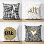 - Suet-K4luset364 - Realhomes 4'lü Çift Taraflı Renkli Zemin Üzerinde Gold Detaylı Yazılı Modern Süet Yastık Kırlent Kılıf Seti Realhomes