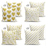 - Suet-K4luset365-1 - Realhomes 4'lü Çift Taraflı Beyaz Zemin Üzerinde Gold Detaylı Modern Süet Yastık Kırlent Kılıf Seti Realhomes