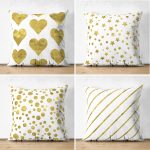 - Suet-K4luset365 - Realhomes 4'lü Çift Taraflı Beyaz Zemin Üzerinde Gold Detaylı Modern Süet Yastık Kırlent Kılıf Seti Realhomes