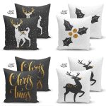 4'lü Çift Taraflı Siyah Zemin Üzerinde Gold Detaylı Yılbaşo Desenli Modern Süet Yastık Kırlent Kılıf Seti Realhomes