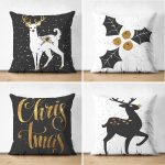 4'lü Çift Taraflı Siyah Zemin Üzerinde Gold Detaylı Yılbaşo Desenli Modern Süet Yastık Kırlent Kılıf Seti Realhomes