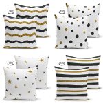 - Suet-K4luset368-1 - Realhomes 4'lü Çift Taraflı Beyaz Zemin Üzerinde Gold Detaylı Geometrik Desenli Modern Süet Yastık Kırlent Kılıf Seti Realhomes