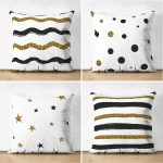 - Suet-K4luset368 - Realhomes 4'lü Çift Taraflı Beyaz Zemin Üzerinde Gold Detaylı Geometrik Desenli Modern Süet Yastık Kırlent Kılıf Seti Realhomes