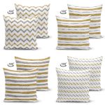 - Suet-K4luset369-1 - Realhomes  4'lü Çift Taraflı Beyaz Zemin Üzerinde Gold Detaylı Geometrik Desenli Modern Süet Yastık Kırlent Kılıf Seti Realhomes