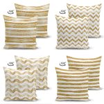 - Suet-K4luset370-1 - Realhomes 4'lü Çift Taraflı Beyaz Zemin Üzerinde Gold Detaylı Geometrik Desenli Modern Süet Yastık Kırlent Kılıf Seti Realhomes