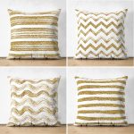 - Suet-K4luset370 - Realhomes 4'lü Çift Taraflı Beyaz Zemin Üzerinde Gold Detaylı Geometrik Desenli Modern Süet Yastık Kırlent Kılıf Seti Realhomes