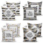 - Suet-K4luset372-1 - Realhomes  4'lü Çift Taraflı Beyaz Zemin Üzerinde Gold Detaylı Siyah Çizgili Modern Süet Yastık Kırlent Kılıf Seti Realhomes
