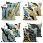 - Suet-K4luset373-1 - Realhomes  4'lü Çift Taraflı Renkli Zemin Üzerinde Gold Detaylı Soyut Çizimli Modern Süet Yastık Kırlent Kılıf Seti Realhomes