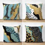 - Suet-K4luset373 - Realhomes  4'lü Çift Taraflı Renkli Zemin Üzerinde Gold Detaylı Soyut Çizimli Modern Süet Yastık Kırlent Kılıf Seti Realhomes