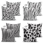 - Suet-K4luset376-1 - Realhomes 4'lü Çift Taraflı Beyaz Zemin Üzerinde Zebra Desenli Modern Süet Yastık Kırlent Kılıf Seti Realhomes