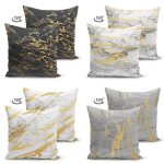 - Suet-K4luset378-1 - Realhomes 4'lü Çift Taraflı Renkli Zemin Üzerinde Gold Detaylı Soyut Çizimli Modern Süet Yastık Kırlent Kılıf Seti Realhomes