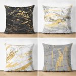 - Suet-K4luset378 - Realhomes 4'lü Çift Taraflı Renkli Zemin Üzerinde Gold Detaylı Soyut Çizimli Modern Süet Yastık Kırlent Kılıf Seti Realhomes