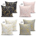 4'lü Çift Taraflı Renkli Zemin Üzerinde Gold Detaylı Mermer Desenli Modern Süet Yastık Kırlent Kılıf Seti Realhomes