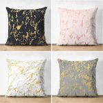 4'lü Çift Taraflı Renkli Zemin Üzerinde Gold Detaylı Mermer Desenli Modern Süet Yastık Kırlent Kılıf Seti Realhomes