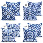 - Suet-K4luset383-1 - Realhomes 4'lü Çift Taraflı Beyaz Zemin Üzerinde Renkli Geometrik Desenli Modern Süet Yastık Kırlent Kılıf Seti Realhomes