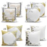 - Suet-K4luset384-1 - Realhomes 4'lü Çift Taraflı Beyaz Zemin Üzerinde Gold Detaylı Yaprak Desenli Modern Süet Yastık Kırlent Kılıf Seti Realhomes