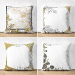 - Suet-K4luset384 - Realhomes 4'lü Çift Taraflı Beyaz Zemin Üzerinde Gold Detaylı Yaprak Desenli Modern Süet Yastık Kırlent Kılıf Seti Realhomes