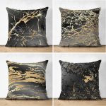 - Suet-K4luset386 - Realhomes 4'lü Çift Taraflı Renkli Zemin Üzerinde Gold Detaylı Mermer Desenli Modern Süet Yastık Kırlent Kılıf Seti Realhomes
