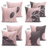 - Suet-K4luset388-1 - Realhomes 4'lü Çift Taraflı Renkli Zemin Üzerinde Onedraw Çizimli Modern Süet Yastık Kırlent Kılıf Seti Realhomes