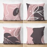 - Suet-K4luset388 - Realhomes 4'lü Çift Taraflı Renkli Zemin Üzerinde Onedraw Çizimli Modern Süet Yastık Kırlent Kılıf Seti Realhomes