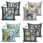 - Suet-K4luset390-1 - Realhomes  4'lü Çift Taraflı Renkli Zemin Üzerinde Yılbaşı Desenli Modern Süet Yastık Kırlent Kılıf Seti Realhomes