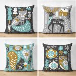 - Suet-K4luset390 - Realhomes  4'lü Çift Taraflı Renkli Zemin Üzerinde Yılbaşı Desenli Modern Süet Yastık Kırlent Kılıf Seti Realhomes