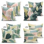 4'lü Çift Taraflı Renkli Zemin Üzerinde Onedraw Çizimli Modern Süet Yastık Kırlent Kılıf Seti Realhomes