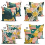 - Suet-K4luset392-1 - Realhomes 4'lü Çift Taraflı Renkli Zemin Üzerinde Onedraw Çizimli Modern Süet Yastık Kırlent Kılıf Seti Realhomes