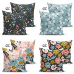 4'lü Çift Taraflı Rengarenk Zemin Üzerinde Çiçek Desenli Modern Süet Yastık Kırlent Kılıf Seti Realhomes