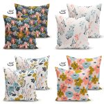 - Suet-K4luset395-1 - Realhomes 4'lü Çift Taraflı Rengarenk Zemin Üzerinde Çiçek Desenli Modern Süet Yastık Kırlent Kılıf Seti Realhomes