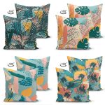 4'lü Çift Taraflı Renkli Zemin Üzerinde Onedraw Çizimli Modern Süet Yastık Kırlent Kılıf Seti Realhomes