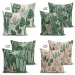 - Suet-K4luset397-1 - Realhomes 4'lü Çift Taraflı Renkli Zemin Üzerinde Yaprak Desenli Modern Süet Yastık Kırlent Kılıf Seti Realhomes