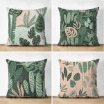 - Suet-K4luset397 - Realhomes 4'lü Çift Taraflı Renkli Zemin Üzerinde Yaprak Desenli Modern Süet Yastık Kırlent Kılıf Seti Realhomes