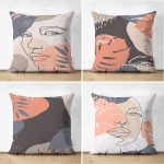 - Suet-K4luset402 - Realhomes 4'lü Çift Taraflı Renkli Zemin Üzerinde Onedraw Çizimli Bayan Silüeti Modern Süet Yastık Kırlent Kılıf Seti Realhomes