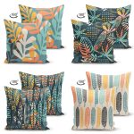 4'lü Çift Taraflı Renkli Zemin Üzerinde Yaprak Desenli Modern Süet Yastık Kırlent Kılıf Seti Realhomes